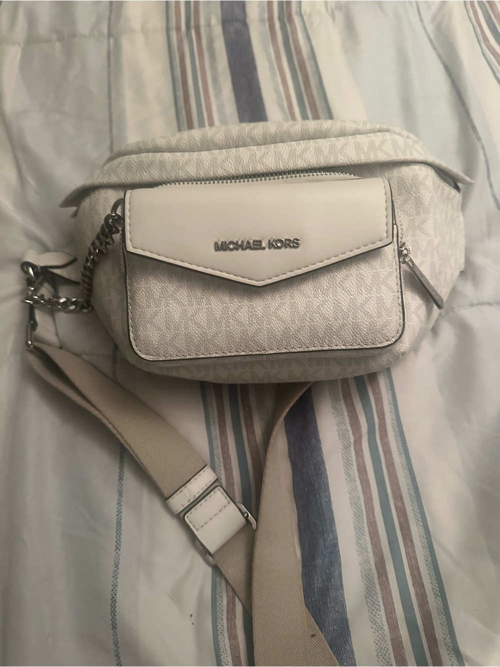 Michael Kors Cream/White Signature Crossbody Belt Bag with Chain Detail